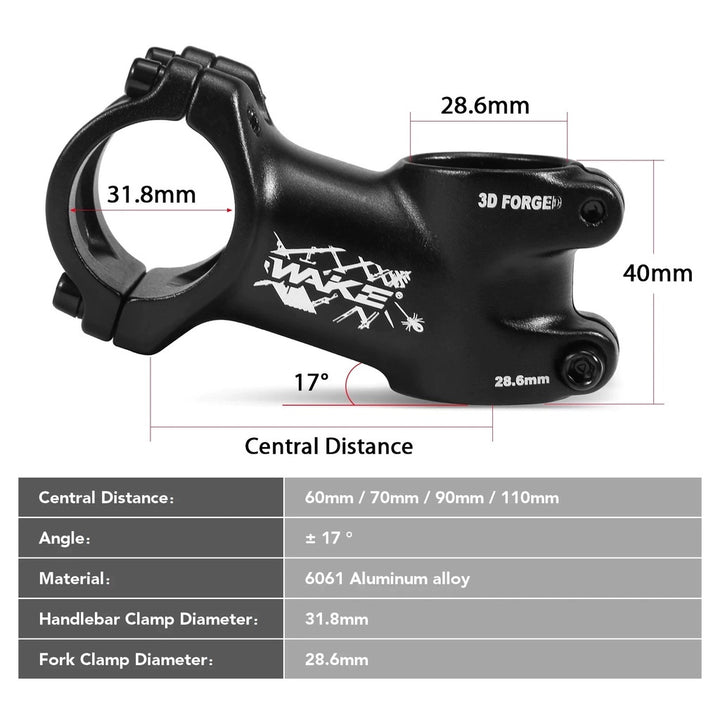 Wake 25/17 Degree Bicycle Stem for 31.8mm Handlebar