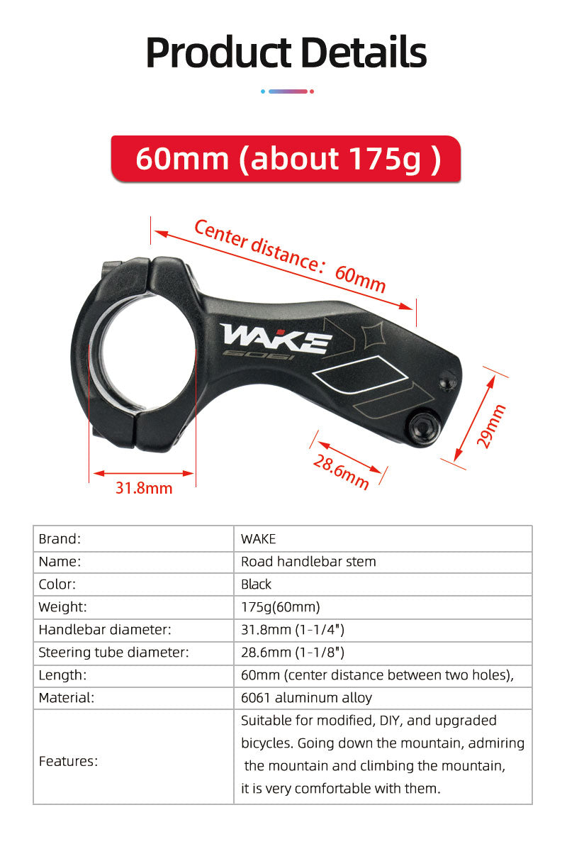 WAKE Mountain Bike Aluminum Alloy Stem 31.8 degrees 60mm/80mm