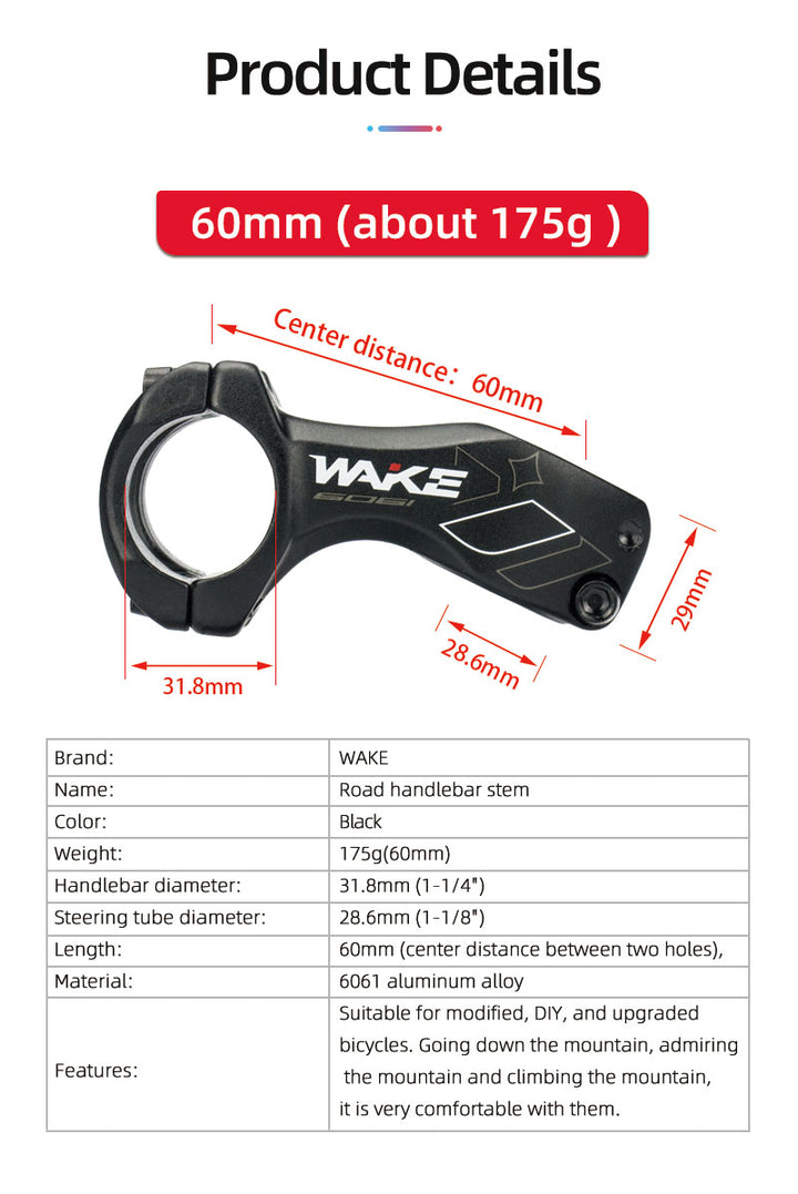 WAKE Mountain Bike Aluminum Alloy Stem 31.8 degrees 60mm/80mm