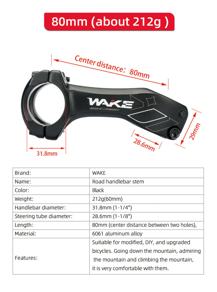 WAKE Mountain Bike Aluminum Alloy Stem 31.8 degrees 60mm/80mm