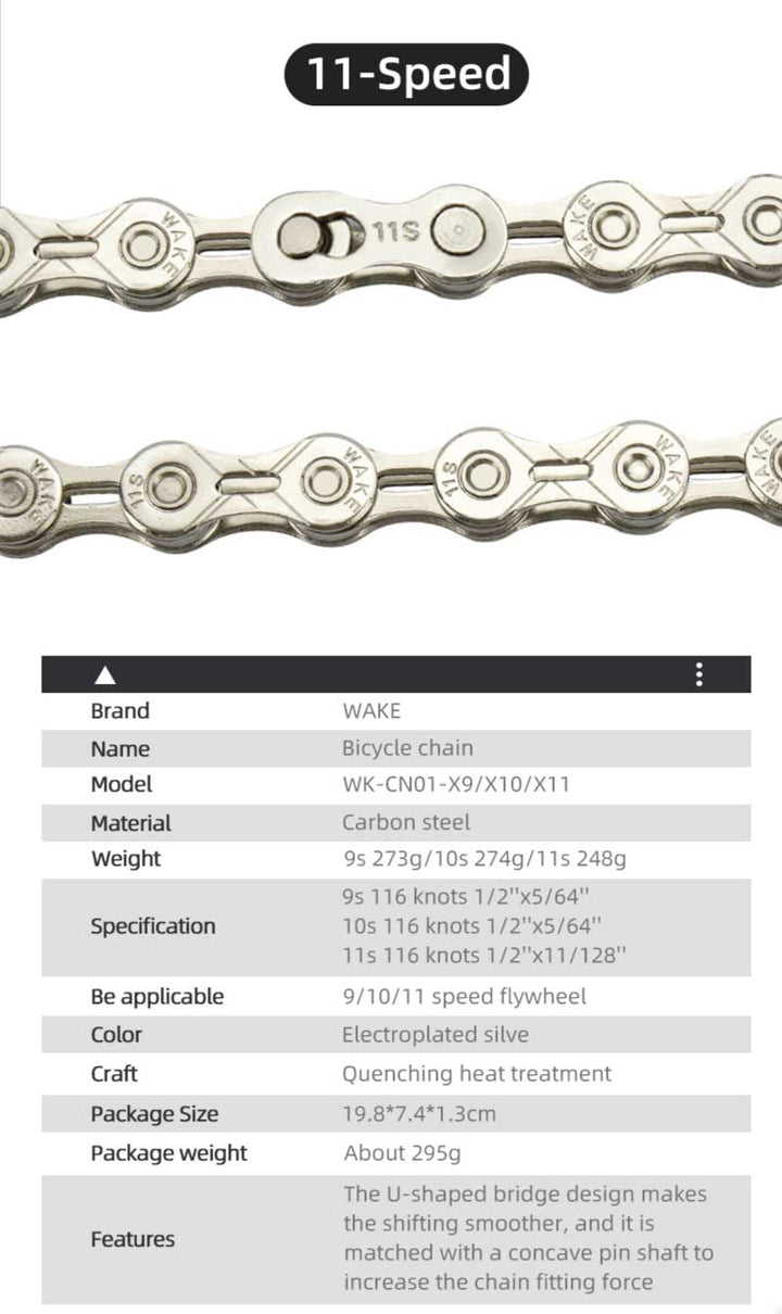 WAKE Mountain Bike 9/10/11 Speed Bicycle Stainless Steel Replacement Chain