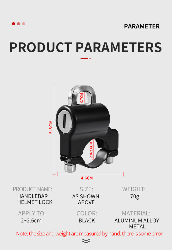 Helmet Lock Anti-Theft Safety Lockwith 2 Keys for 22-26mm Handlebar Bike Electric Scooter